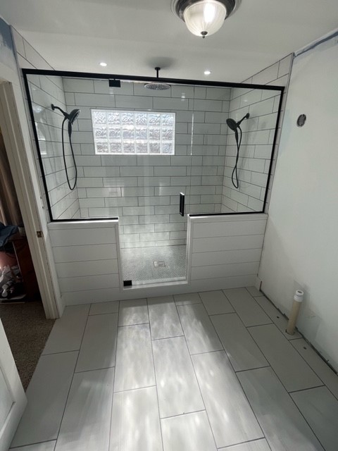 Center Shower Door And 2 Wing Panels Channel And Header Clear Matte Black Square Handle
