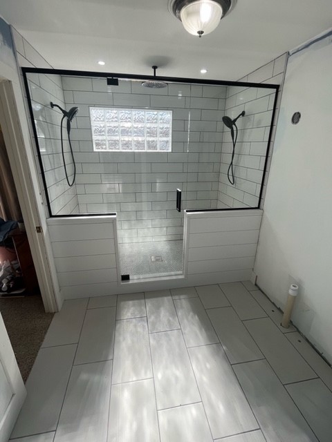 Center Shower Door And 2 Wing Panels Channel And Header Clear Matte Black Square Handle