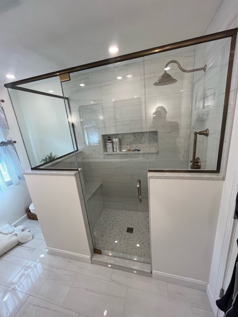 Shower With Door 2 Wing Panels And Return Brushed Bronze Header Channel 2