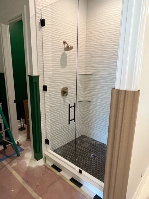 Tall Matte Black Shower Door And Panel With Clips Ladder Pull