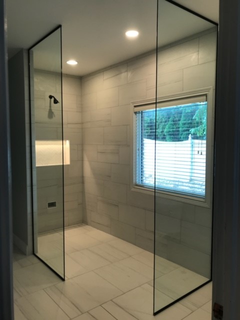 2 Panel Open Walk In Shower Clear Matte Black Channel Ceiling Height No Door