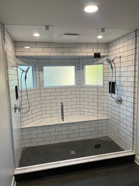 Shower Bulkhead Height Clear Brushed Nickel Center Door With Glass To Glass Hinges Channel Bottom And Sides Clips At Top Square Ladder Handle No Transom
