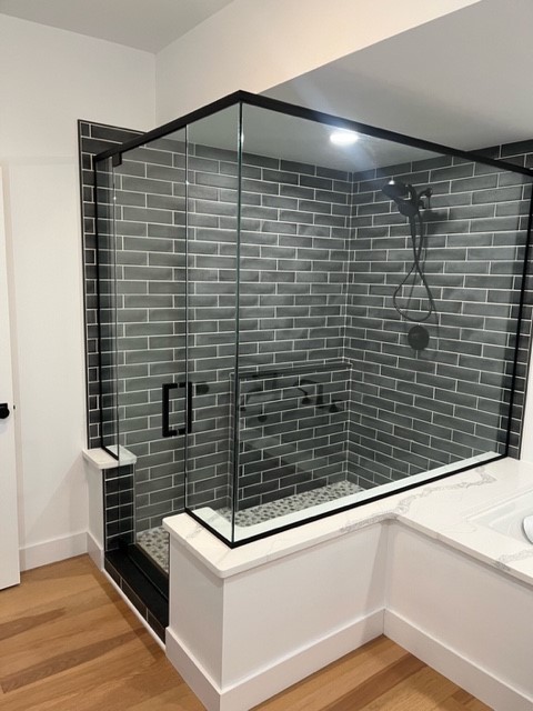 Large Walk In Shower Enclosure Clear Matte Black Squuare Handle Channel Pivot Door