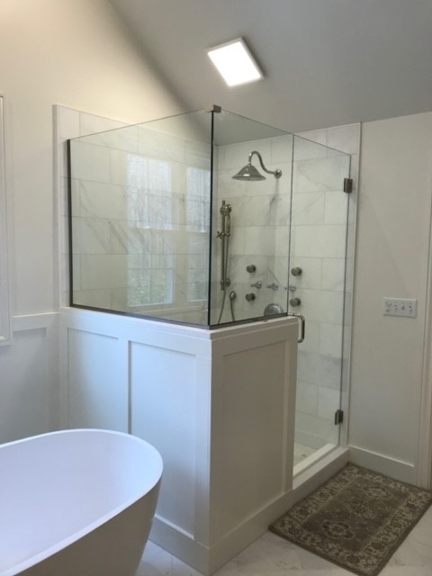 Shower Enclosure With Door On Right Knee Wall Sidelite And Knee Wall Surround 90 Degree Top Clip Channel Clear Brushed Nickel